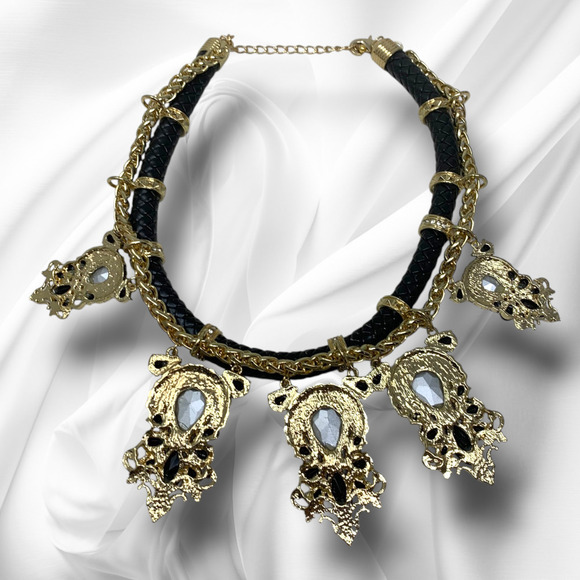 Vintage 1980's Maximalist Crystal Gold Tone Chain Leather Bling Choker Necklace - Picture 5 of 6